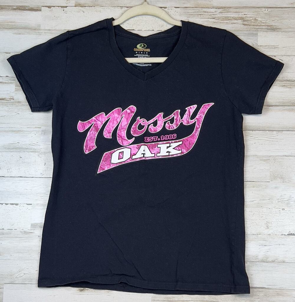 Mossy Oak T-shirt Size Med Women's Black/Pink Camouflage EUC